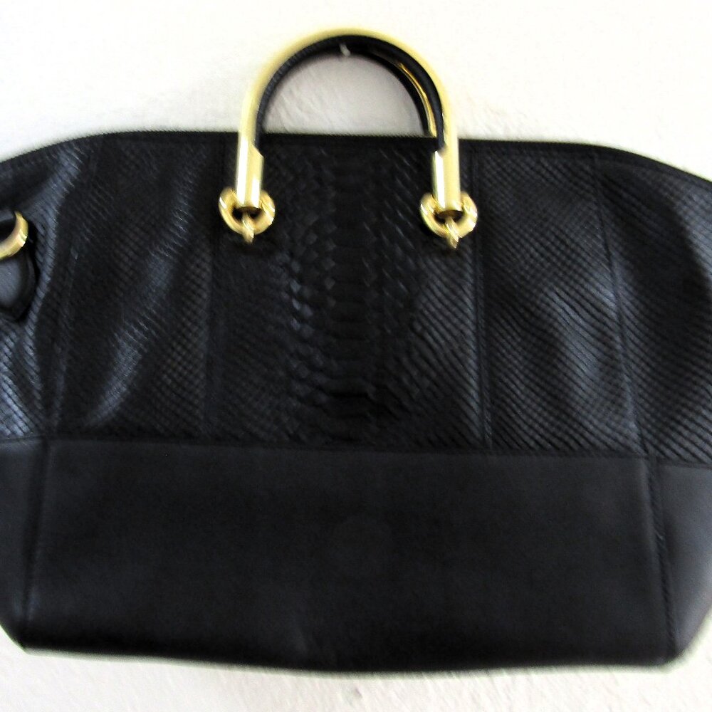 Uterqüe Black Snakeskin Embossed Leather with Brass Handles Tote Bag & Dust Bag